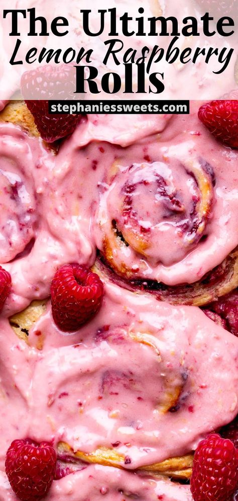 These lemon raspberry rolls are the perfect brunch treat for spring or summer. They have lemon dough, lemon and raspberry filling, with a lemon raspberry cream cheese glaze on top. Raspberry Lemon Cinnamon Rolls, Summer Cinnamon Rolls, Raspberry Buns Recipe, Raspberry Lemon Sweet Rolls, Raspberry Lemon Desserts, Easy Sweet Rolls, Spring Baked Goods, Raspberry Sourdough, Spring Breakfast Recipes