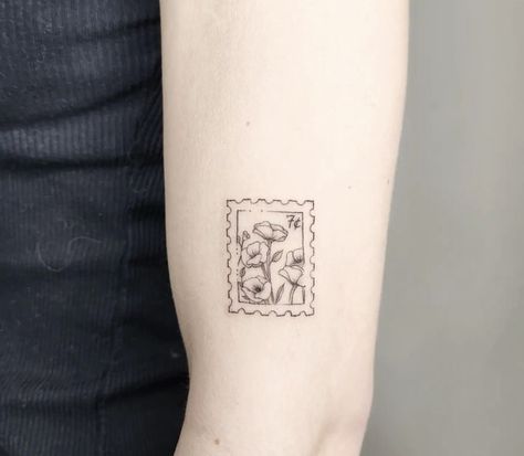 California Stamp Tattoo, Mail Stamp Tattoo, Vintage Stamp Tattoo, Flower Stamp Tattoo, Stamp Tattoo Ideas, Post Stamp Tattoo, Tattoo Whale, Postage Stamp Tattoo, Buttercup Tattoo