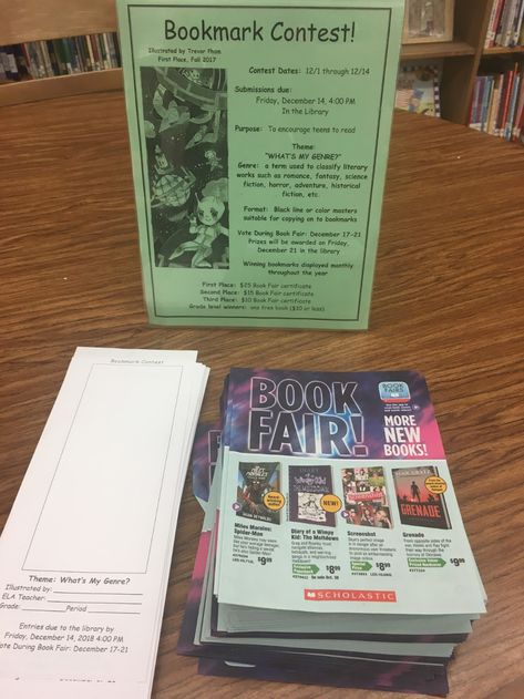 Scholastic Book Fair Ideas, Library Contests, Bookmark Contest, Library Bookmarks, Bookshop Café, Reading Week, Passive Programs, Library Games, Contest Ideas