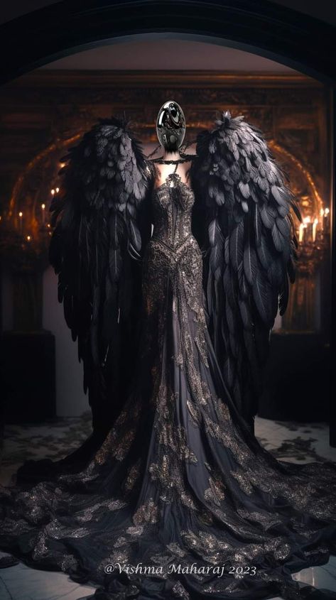 Dark Angel Outfit, Evil Faerie, Angel Outfit Aesthetic, Dark Fantasy Gown, Gothic Ballgown, Vishma Maharaj, Black Angel Costume, Fairy Wings Costume, Raven Dress