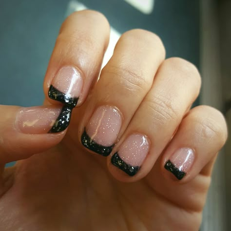 My Seemingly Endless Numbered Days — Stunningly gorgeous gel manicure of glittered... Short Square Acrylic Nails Designs Black, French Tip Gel Manicure, Nails Extra Short, French Tip Gel, Black French Manicure, Short Squoval, Black French Tip, Press Nails, Black French Tips