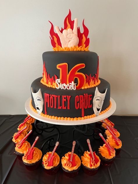 Motley Crue Birthday Cake, Rock Band Party Ideas, Rock Sweet 16, Motley Crue Birthday, Motley Crue Birthday Party Theme, Motley Crue Cake, Rock Cakes, Music Themed Cakes, Birthday 15