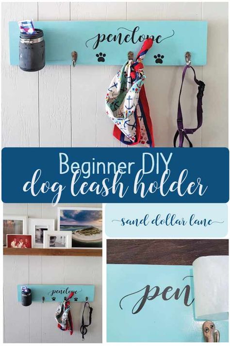 Looking for a beginner DIY project?  This DIY leash holder is easy and fun! Diy Leash, Modern Garden Art, Diy Solar Lanterns, Diy Play Doh, Coastal Cottages, Dog Holder, Coastal Diy, Dog Leash Hanger, Leash Hanger