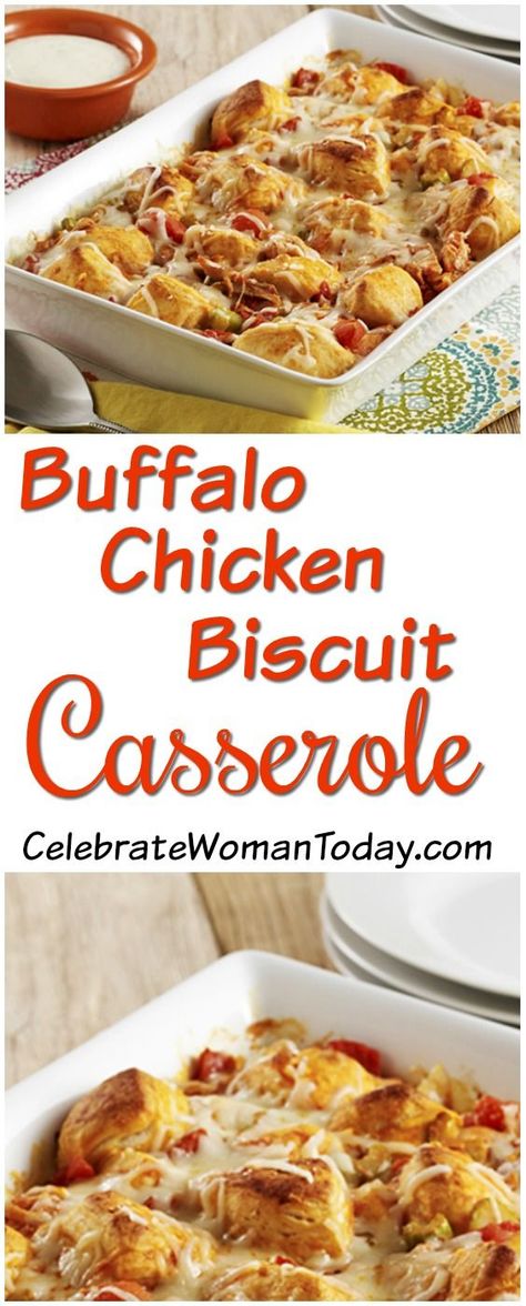 Buffalo Chicken Biscuit Casserole Recipe #RecipeIdeas #HeartThis #holidayrecipes Chicken Biscuit Casserole, Seafood Casserole Recipes, Biscuit Casserole, Chicken Biscuit, Biscuits Casserole, Chicken And Biscuits, Quick Healthy Meals, Fun Easy Recipes, Chicken Recipes Casserole