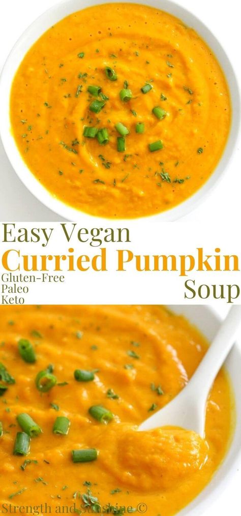 Easy Pumpkin Soup Recipe, Easy Pumpkin Soup, Pumpkin Soup Recipe Easy, Easy Vegan Curry, Curried Pumpkin, Vegan Pumpkin Soup, Coconut Milk Soup, Pumpkin Soup Recipe, Curry Spices