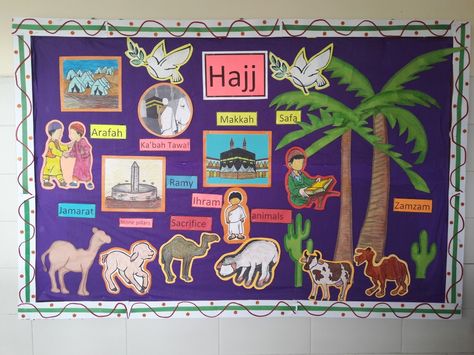 Hajj theme bulliten board by Sumera Saleem Islamic Soft Board Ideas, Islamic Bulletin Board Ideas, Islamic Classroom, Islamic Activities, Eid Activities, Soft Board, Muslim Kids Activities, Hajj Pilgrimage, Eid Adha