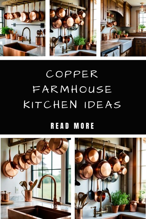 Looking to freshen up your farmhouse kitchen? Incorporating copper adds warmth and charm that can transform your space. Whether it’s cookware, accents, or Farmhouse Kitchen With Copper Accents, Cooper Hood In Kitchen, Brick And Copper Kitchen, Green And Copper Kitchen Ideas, Copper Farmhouse Sink White Cabinets, Copper Pots Above Stove, Kitchens With Copper Sinks, White Kitchen Copper Accents, Cooper Kitchen Ideas