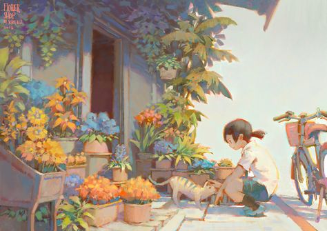 flower shop Krenz Cushart, Arte Inspo, Art Et Illustration, Environment Concept Art, Art Website, Art Anime, Flower Shop, Painting Inspiration, Art Works