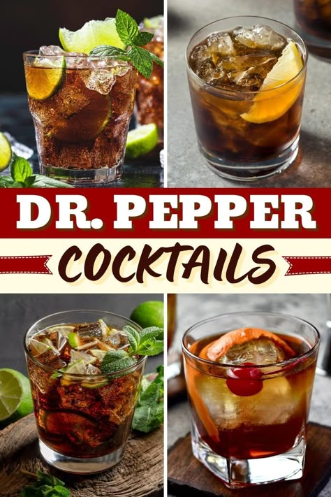 Perfect for parties, get-togethers, or a relaxing night at home, these easy Dr. Pepper cocktails are much more complex than a simple rum and coke. Whiskey And Dr Pepper, Dr Pepper And Fireball, Dr Pepper Liquor Drinks, Amaretto And Dr Pepper, Dirty Dr Pepper Recipe With Cherry Vodka, Dr Pepper And Pickles, Simple Achol Drinks, Ex Inspired Drinks, Cocktails With Dr Pepper