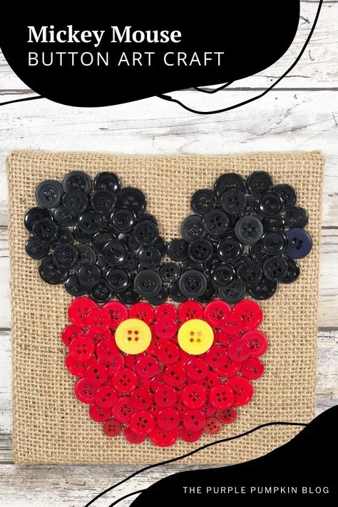 If you're a Disney fan and a crafter, you're going to love making this Mickey and Minnie Button Art! Taking just 30 minutes to create, you will need a few simple craft supplies including buttons, craft glue, and our free printable pattern template! Disney Button Art, Cheap Craft Supplies, Disney Themed Cakes, Disney Buttons, Burlap Canvas, Shape Templates, Pattern Template, Paper Chains, Simple Craft