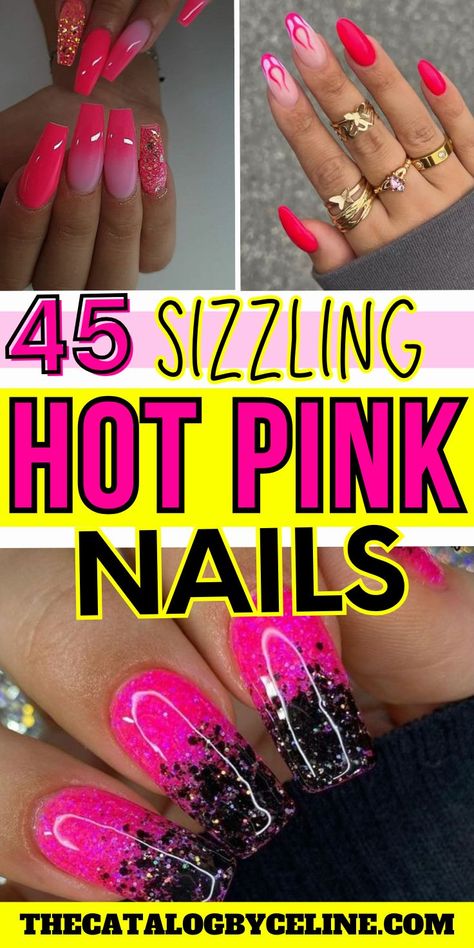 45 Sizzling Hot Pink Nails That Are Straight-Up Fire! Pink Nails 2024 | Valentines Nails | Nail Art Purple Chrome Nails With Rhinestones, Pink Nail Designs Almond Shape Glitter, Fun Hot Pink Nails, Hot Pink And Silver Glitter Nails, Pink And Purple Glitter Nails, Neon Pink Glitter Nails, Hot Pink And Gold Nails Design, Pink Concert Nails Ideas, Hot Pink Nails Acrylic Design