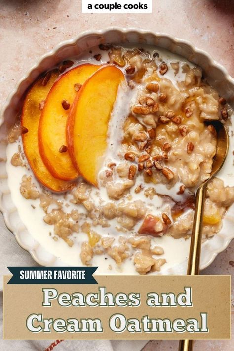 This easy peaches and cream oatmeal is a cozy, comforting breakfast that tastes like pie! It’s one of our favorite easy breakfast ideas, made with fresh or frozen peaches, maple, vanilla, and cinnamon. Peach oatmeal for the win! Fruit Oatmeal Recipes, Oatmeal With Fresh Fruit, Canned Peaches Recipes Breakfast, Peach Cobbler Breakfast, Creamy Oatmeal Recipes, Peaches And Cream Breakfast, Peach Breakfast Recipes, Peaches Oatmeal, Oatmeal With Peaches