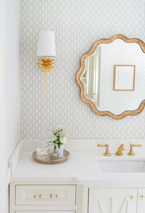 Bathroom Wallpaper Beach House, Wainscoting Bathroom With Wallpaper, Grandmillennial Bathroom Decor, Wallpaper Coastal Style, Scalloped Bathroom Mirror, Luxury Bathroom Wallpaper, Coastal Powder Bathroom, Grandmillennial Bathroom, Powder Bath Decor