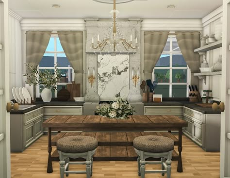 Cottage Core Kitchen Bloxburg, Bloxburg Old Money Kitchen, Bloxburg Farmhouse Dining Room, Vintage Bloxburg Kitchen Ideas, Bloxburg Kitchen Ideas 3x4, Bloxburg Kitchen Decor, Bloxburg Cottage Mansion, Bloxburg Parisian Apartment, Bloxburg Window Seat