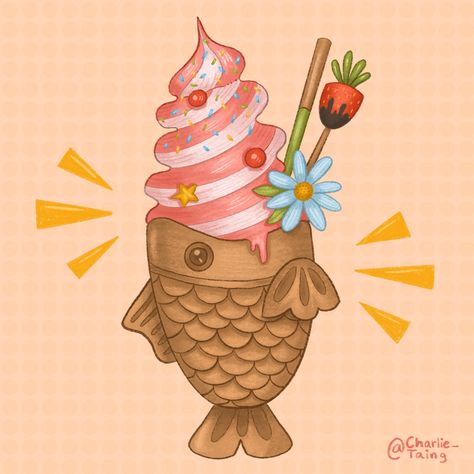 Taiyaki ice cream drawing Fish Ice Cream Drawing, Taiyaki Ice Cream Drawing, Taiyaki Ice Cream, Taiyaki Fish, Draw Ice Cream, Digital Food, Procreate Drawing, Artwork Ideas, Japanese Dessert