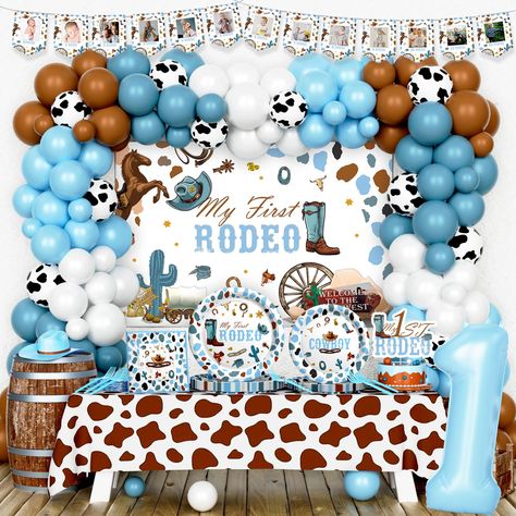 PRICES MAY VARY. 🐎 COWBOY FIRST PARTY – Your little boy is turning one! A cowboy-themed party is the best way to celebrate for your little baby’s first birthday. Featuring charming western accents, our themed decorations will add endless entertainment and unforgettable memories to your celebration. Is your little boy ready to have this first rodeo adventure? Come on! 🩵 MY FIRST RODEO DECORATIONS BOY INCLUDES - 110 x 12’’ latex balloons | 40 x 5’’ latex balloons | 1 x number‘1’ foil balloon | 1 Rodeo Birthday Party Decorations, Rodeo Decorations, 1st Birthday Decorations Boy, Party Decorations Backdrop, 1rst Birthday, First Birthday Decorations Boy, Cowboy Party Decorations, Cowboy First Birthday, Rodeo Birthday Party