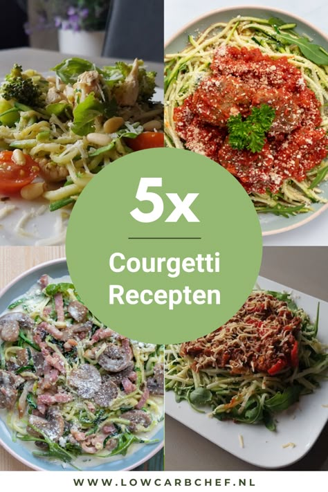 Courgetti is een lekker en gezond alternatief voor spaghetti. Deze 5 courgetti recepten zijn lekker, koolhydraatarm en makkelijk om te maken. #pasta #courgetti #courgette #gezond #recepten Courgetti Recipe, Courgette Pasta, Ital Food, Weight Watchers Meals, Food Inspiration, Low Carb Recipes, Meal Prep, Clean Eating, Low Carb