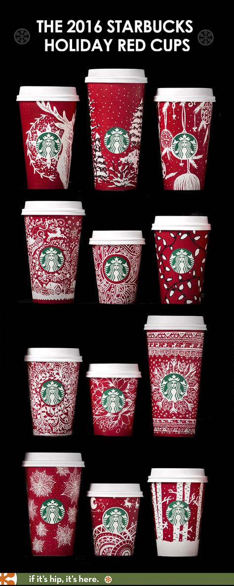 Get a closeup look at each of the new 2016 Starbucks Holiday Red Cups and learn the designer's inspiration at the link. 2016 Starbucks, Christmas Packaging Design, Starbucks Cup Art, Starbucks Design, Starbucks Holiday, Coffee Cup Design, Starbucks Christmas, Red Cups, Holiday Coffee