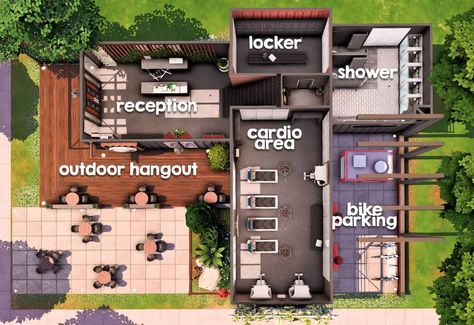 Sims Gym, Tiny Glade, Gym Plans, Sims 4 Houses Layout, Sims Challenge, Sims Builds, Sims 4 House Plans, Sims 4 House Building, Sims 4 House Design