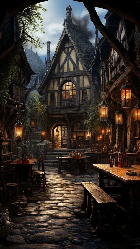 Taverna Medieval, Enchanted Village, Medieval Tavern, Castle Illustration, Fantasy Village, Fantasy Town, Medieval Houses, Fantasy House, Fantasy City