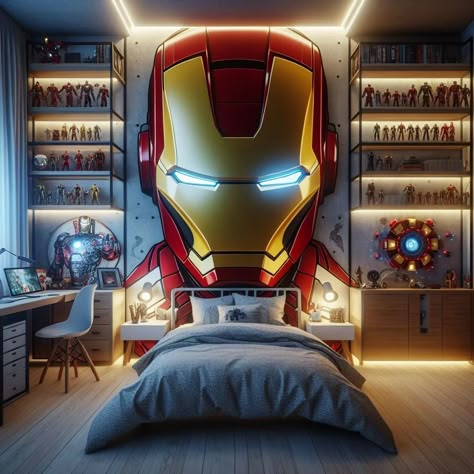 Iron Man Bedroom Ideas, Ironman Bedroom, Boys Marvel Bedroom Ideas, Boys Marvel Bedroom, Marvel Themed Bedroom, Iron Man Bedroom, Transformers Bedroom, Iron Man Room, Man Room Design