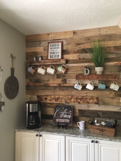 Our Coffee Pallet Wall Pallet Board Backsplash, Pallet Wall With Shelves, Pallet Wall Kitchen, Pallet Projects For Kitchen, Kitchen With Wood Walls, Pallet Cabinets Kitchen, Pallet Coffee Bar, Wood Palette Wall, Wood Wall Kitchen