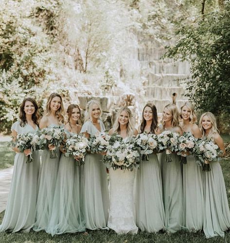 sea glass is such a refreshing color for a summer wedding 🌿 #jycseaglass photo via @weddingchicks photo @tandkphotography… Sage Bridesmaid Dresses Birdy Grey, Sage Green Bridesmaid Dresses Birdy Grey, Seige Green Bridesmaid Dresses, Light Green Bridesmaid Dresses Sage, Pale Green Bridesmaid Dresses, Bridesmaid Dresses Light Green, Sage Green Bridesmaid Dresses Mismatched, Sage Green Wedding Bridesmaid, Mismatched Green Bridesmaid Dresses