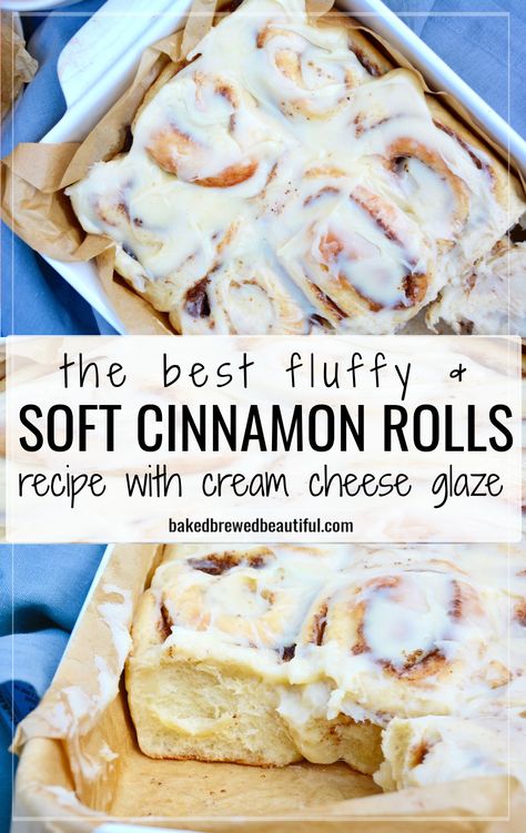 gooey cinnamon rolls in a baking pan Cinnamon Rolls Homemade Soft And Fluffy, Flaky Cinnamon Rolls Homemade, Kitchen Aid Cinnamon Buns, Cinna Buns Recipe, Homemade Soft Cinnamon Rolls, Easy Fluffy Cinnamon Rolls, Fluffy Gooey Cinnamon Rolls, Light Fluffy Cinnamon Rolls, Brioche Cinnamon Buns Recipe