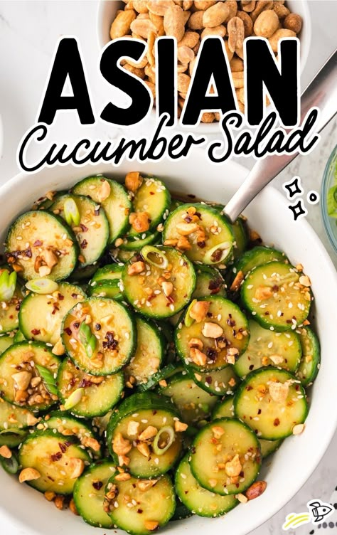 a close-up shot of Asian Cucumber Salad in a bowl Different Cucumber Salads, Egg And Cucumber Salad, Easy Thai Side Dishes, Best Asian Cucumber Salad, Cucumber Ginger Salad, Peanut Sauce Cucumber Salad, Jalapeno Cucumber Salad, Jalepeno Popper Cucumber Salad, Japanese Cucumber Salad Vinegar