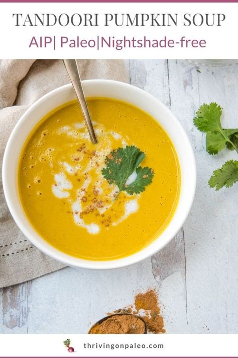 This delicious nightshade-free, seed-free spiced soup is easily made in 15 minutes from a can of pumpkin, some veggies, stock, and a few spices. If you're bored out of your skull with your AIP dishes, this will be just the thing to spice it up! #aiprecipes #aipsoup #aipdiet #thrivingonpaleo Soup Paleo, Aip Paleo Recipes, Paleo Soup, Pumpkin Soup Recipe, Veggie Stock, Aip Paleo, Photo Food, Aip Recipes, Spice It Up