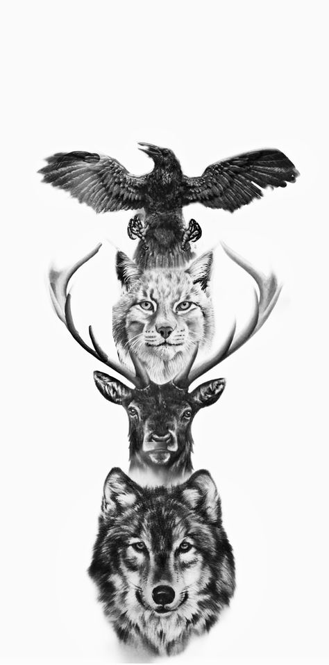 Animal Totem Tattoo, Totem Pole Tattoo, Pole Tattoo, Spirit Animal Tattoo, Reference Animals, Totem Tattoo, Spirit Animal Totem, Feminine Tattoo Sleeves, Drawing Examples