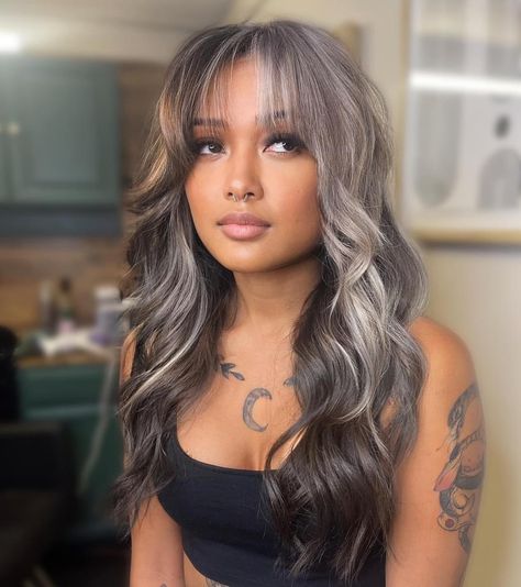 Half Grey Half Brown Hair, Hair Inspo Color With Bangs, Dark Grey Money Piece Hair, Highlights On Top Dark Underneath, Hair Color Ideas Fair Skin Blue Eyes, Brown Hair Colors With Bangs, Hot Hair Colors 2024, Strawberry Blonde And Black Hair, Blonde Halo On Dark Hair