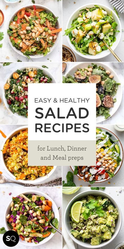 Looking for something healthy to eat? Check out this collection of our best healthy salad recipes! We've got everything from green salads, mason jar salads, quinoa salads, and more. We've even got salads that are served warm for the chilly seasons. Whether you're looking for a side salad or a meal-sized salad, we've got it all. There's something for everyone! Easy & Healthy Salad Recipes {Vegan Options!} - Simply Quinoa Vegetarian Salad Recipes For Dinner, Making Salads For The Week, Protein Salads For Lunch, Salad Meal Prep For The Week, Healthy Salad Recipes For Lunch, Meal Prep Salad Ideas, Vegan Salad Ideas, Lunch Salad Ideas, Salads Quinoa