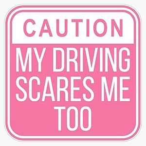 Pink & White My Driving Scares Me Too Caution Sign Window Bumper Sticker Decal 5" Pink Caution Sign, Drivers Ed, Car Graphics, Roblox Codes, Vroom Vroom, Bumper Sticker, I Am Scared, Little Princess, Bumper Stickers