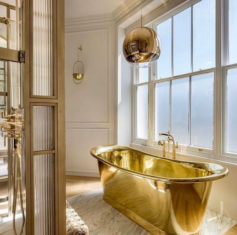 The gleaming vibrant tones of a pure brass bath create sunshiny warmth in interior design. #bathroomdesign #luxurybath #bathtub #bath #brassbath #copperbath Photo shared by Rhona Wilson-Owens on October 19, 2021 tagging @williamholland_ltd. #Regram via @CObL3amhXsK Maxamilist Interior, Golden Bathtub, Parisian Bathroom, Colourful Bathroom, Disco Mirror, Luxurious Bathtubs, Belgravia London, Copper Bath, Restroom Design