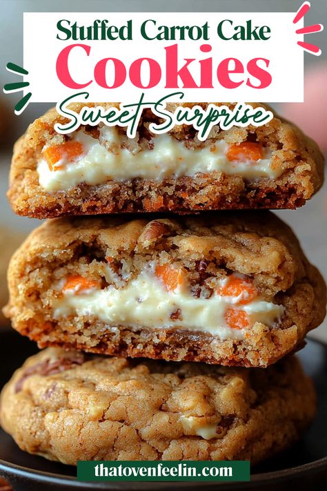 Indulge in the perfect blend of fresh carrots, crunchy pecans, and luscious cream cheese with our Stuffed Carrot Cake Cookies recipe. These cookies are a delightful twist on the classic carrot cake, packed with spices and a creamy surprise inside! Carrot Cookies With Cream Cheese, Quick Baked Desserts, Carrot Cake Cookies Easy, Carrot Cake Stuffed Cookies, New Years Cookie Ideas, Spring Cookie Ideas, Carrot Cake Cookies With Cream Cheese, New Years Deserts, Carrot Cake Cookie Sandwich