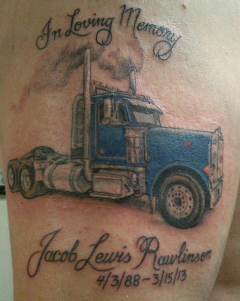 Rip Dad Tattoos, Semi Truck Tattoo, Truck Tattoo Ideas, Truck Tattoos, Trucker Tattoo, Truck Tattoo, Rip Dad, Female Gnome, Meaning Tattoos