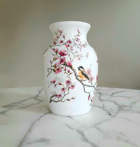 Cherry Blossoms Flower, Cherry Blossom Vase, Cherry Blossom Branch, Handmade Vase, York Pa, Cherry Blossom Flowers, Bird Design, Pottery Vase, Bottle Crafts