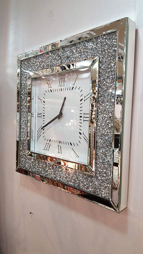 Wall Clock Design Ideas, Mirrored Furniture Decor, Silver Wall Clock, Mirror Furniture, Clock Design Ideas, Decor Baskets, Crystal Mirror, Clock Ideas, Farmhouse Wall Clocks