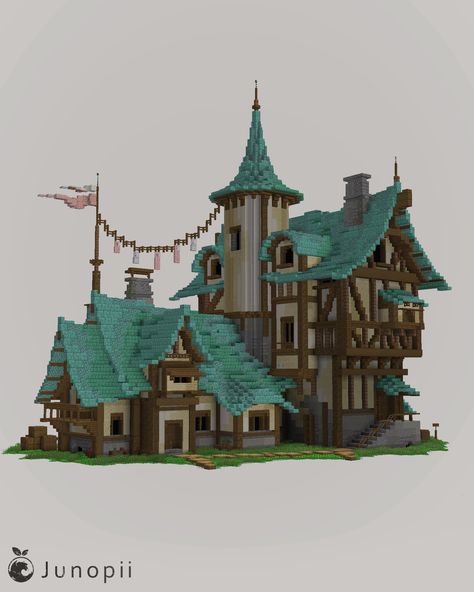 Minecraft build of a medieval house with slopped roofs, a flag, and hanging banners. Minecraft Balcony, Minecraft Roof, Minecraft Survival World, Minecraft Base Ideas, Minecraft W, Lego Build Ideas, Minecraft Base, Minecraft Lego, Pixel Art Landscape