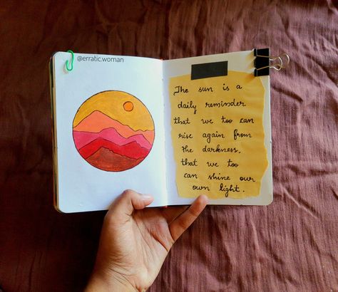 Sunset Journal Ideas, Gernal Ideas, Sunset Bullet Journal, Quotes Journaling, Sunset Journal, Journal Painting, Mini Art Journal, Diary Diy, Journal Inspiration Writing