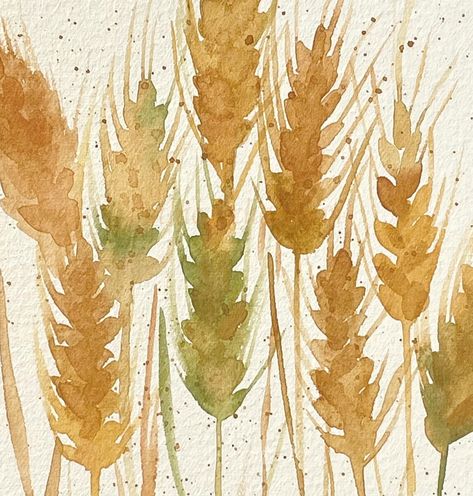 An original watercolor illustration of wheat in shades of golden honey with touches of green accented with spatter spots. In the Language of Flowers wheat symbolizes prosperity and riches. #eBay #eBayStore #eBaySeller #Farming #WatercolorPainting #Original #CathieRichardson #languageofflowers #floriography #wheat #grain #food Quick And Easy Watercolor Paintings, Wheat Field Painting Watercolors, Wheat Watercolor Paintings, Wheat Field Watercolor, Farm Watercolor Paintings, June Watercolor, Wheat Watercolor, Wheat Painting, Dani Kruha