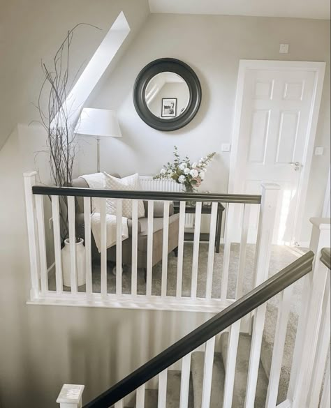 Big Landing Ideas Upstairs, Landing Interior Design, Mirror Under Stairs, Loft Hallway, Decorating Ideas For Stairs And Landing, Landing Bannister Ideas, Hallway Ideas Glass Stairs, Mirror At Bottom Of Stairs, Open Landing Ideas Upstairs