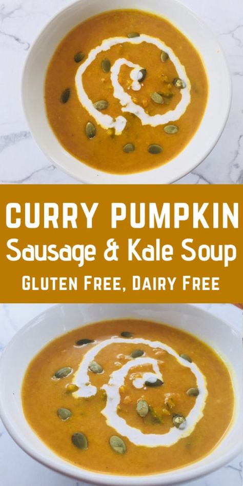 Curry Pumpkin Soup with Sausage and Kale – Gluten and Dairy Free - The Wanderlust Couple Soup With Sausage And Kale, Curry Pumpkin Soup, Curry Pumpkin, Soup Pumpkin, Pumpkin Sausage, Soup With Sausage, Sausage And Kale Soup, Sausage And Kale, Fall Afternoon