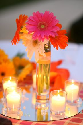 Centerpiece idea Gerber Daisy Wedding Centerpieces, Daisy Wedding Centerpieces, Gerbera Daisy Centerpiece, Gerber Daisy Wedding, Gerbera Wedding, Gerbera Daisy Wedding, Daisy Centerpieces, Orange Centerpieces, Summer Wedding Centerpieces