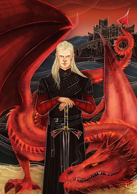 Daemon Targaryen Fan Art, Daemon Targaryen Art, House Of The Dragon Fanart, Hotd Fanart, Medieval Theme, Dragon House, Daemon Targaryen, Got Dragons, Flat Background