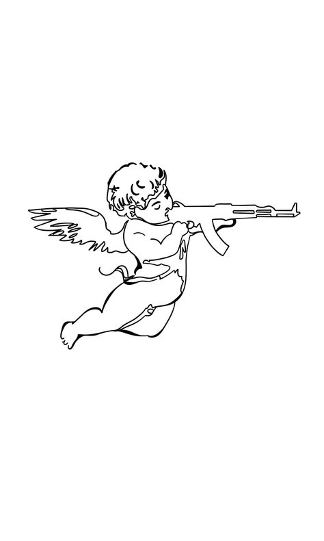 Angle With Ak47 Tattoo, Lil Angel Tattoo, Good And Bad Angel Tattoo, Angel With Ak Tattoo, 666 Tattoo Design, Angel Tattoo Stencils, Angel Stencil, Angel Drawings, Hipster Triangle