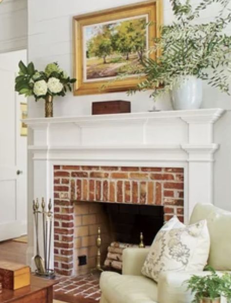 Fireplace With Hidden Tv Above, Brick Lined Fireplace, Traditional Fire Place, Classic Brick Fireplace, Living Room Fireplace Brick, Small Built Ins Around Fireplace, Brick Wall Mantle, Brick Fireplace Mantel Decor, New England Fireplace