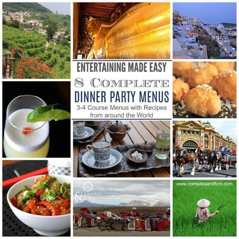 Entertaining Made Easy with 8 Complete Dinner Party Menus- 3 -4 course menus complete with recipes celebrating culture and cuisines from around the world. Themed Dinner Menu Ideas, Mediterranean Dinner Party Menu Ideas, Four Course Meal Menu Dinner Parties, Printed Menu For Dinner Party, Meal Theme Nights Menu Planning, Menu Example, Bologna Food, Foreign Affairs, Entertaining At Home