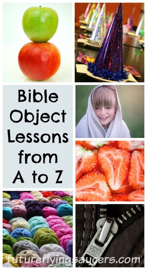 Jesus used object lessons in many of His sermons. Here is a list of 26 creative Bible object lessons listed from the letter A to Z. ~ futureflyingsaucers.com Christian Object Lesson, Sunday School Object Lessons, Kids Church Lessons, Preschool Bible Lessons, Bible Object Lessons, Childrens Sermons, Creative Bible, Sunday School Kids, Preschool Bible